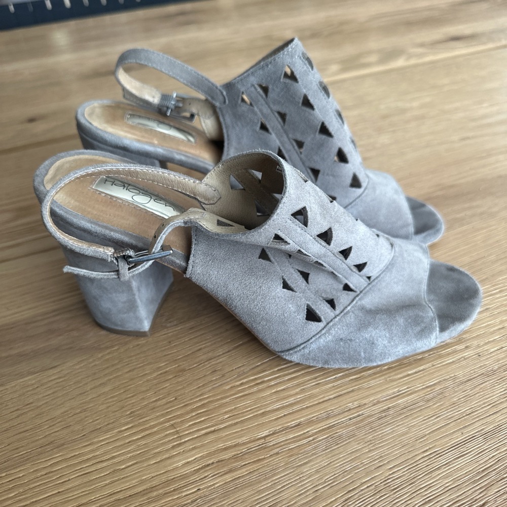Halogen Grey Suede Laser Cut Block Heel Slingback Sandals Peep Toe Women 8.5